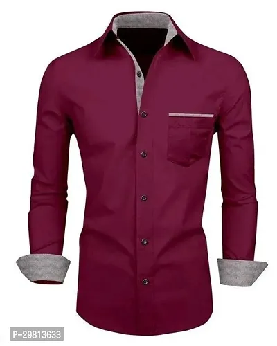 Stylish Maroon Cotton Blend Solid Reguar Fit Long Sleeves Casual Shirt For Men-thumb0