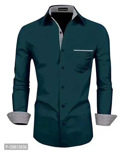 Stylish Petrol Cotton Blend Solid Reguar Fit Long Sleeves Casual Shirt For Men-thumb0