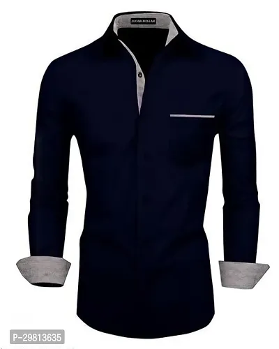 Stylish Navy Blue Cotton Blend Solid Reguar Fit Long Sleeves Casual Shirt For Men-thumb0