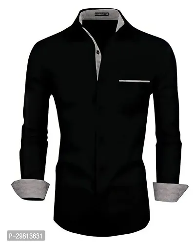 Stylish Black Cotton Blend Solid Reguar Fit Long Sleeves Casual Shirt For Men