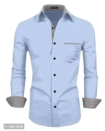 Stylish Sky Blue Cotton Blend Solid Reguar Fit Long Sleeves Casual Shirt For Men