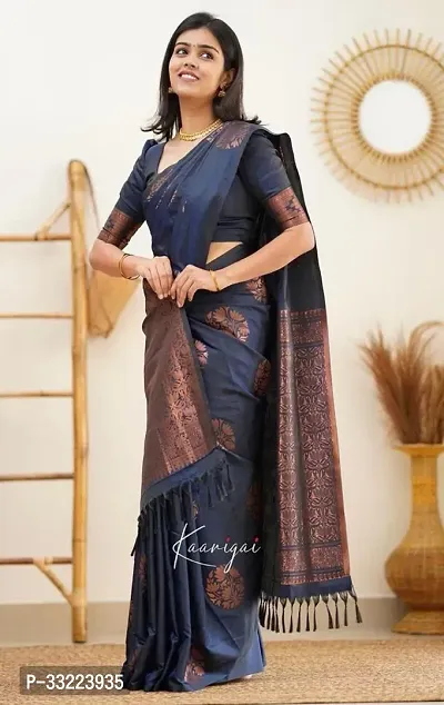 Beautiful Blue Art Silk Zari Saree with Blouse Piece For Women-thumb3