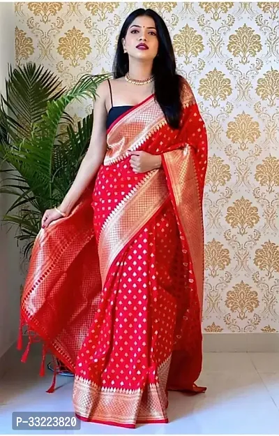 Beautiful Red Art Silk Zari Saree with Blouse Piece For Women