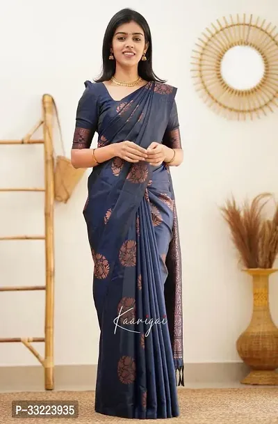 Beautiful Blue Art Silk Zari Saree with Blouse Piece For Women-thumb0