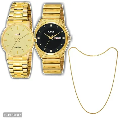 Black And Golden Dial Men's Stylish Watch And Patli Golden Chain