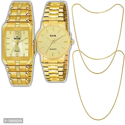 Golden Round And Square Men's Stylish Watch And 2 Golden Simple Chain