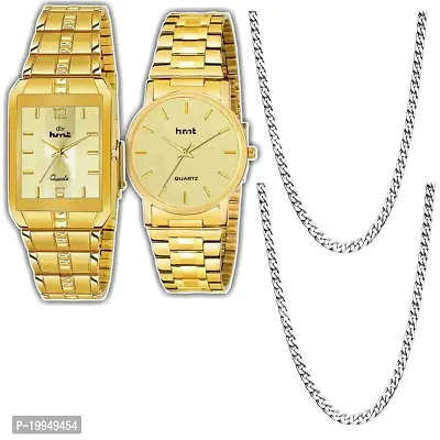 Golden Round And Square Men's Stylish Watch And 2 Silver Patli Chain