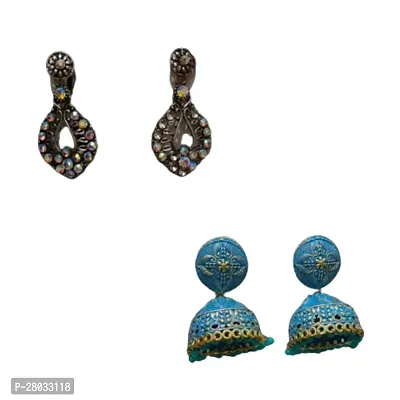Combo of designer Black Silver Oxidised earrings with Cloud Blue kundan earrings for girls and women-thumb0