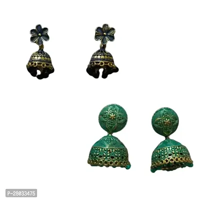 Combo of Party Wear Flower-Shaped and Plant Green Kundan Earrings for Girls and Women-thumb0