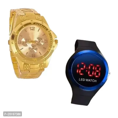 Combo of Stylish Golden Chain analog and Blue Apple logo digital watches