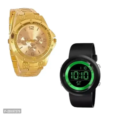 Combo of Casual Golden Chain and Green ring digital watches