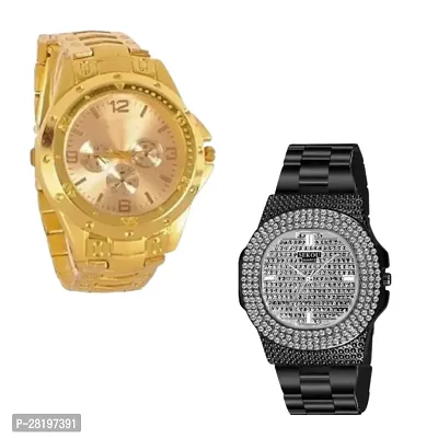 Combo of Latest Golden Chain and Black Diamond analog watch