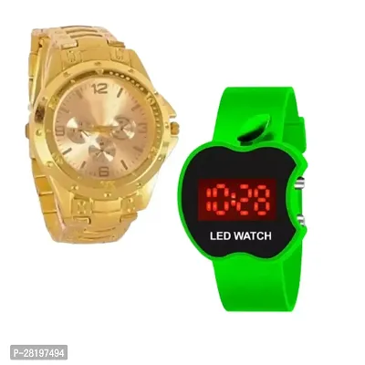 Combo of Stylish Golden Chain analog and Green cut apple watch