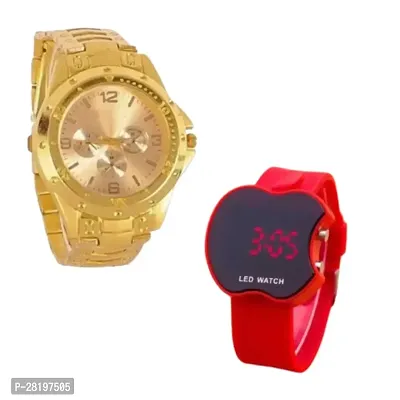 Combo of Trendy Golden Chain analog and Red cut apple watch