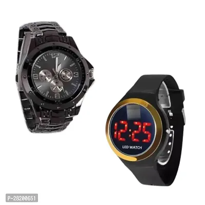 Combo of Latest Black Chain analog and Golden Apple logo digital watch
