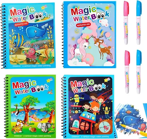 Crowd Clicksreg; Kid's Magic Water Coloring Books Unlimited Fun with Drawing Reusable Water-Reveal Activity Pad, Chunky-Size Water Pen for Kids - Random Design [4 Books|4 pens]