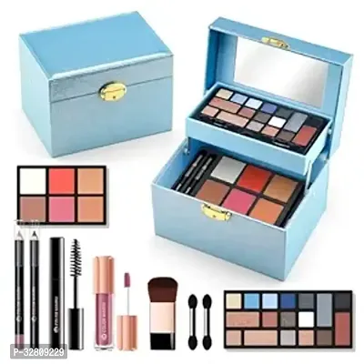 Makeup Kit For Teens, Girls Makeup kits With Recyclable And Key-Lockable Cabinet Included 17-Colors Eyeshadows Blushes Bronzer Highlighter Lipstick Brushes Mirror(Blue)