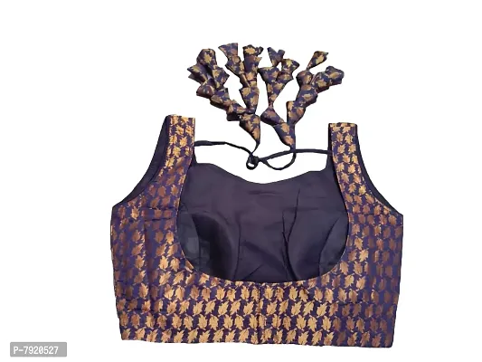 Pujia Mills Women's Jacquard Silk Sleeveless Readymade Blouse (3004_Navy Blue_38)-thumb2