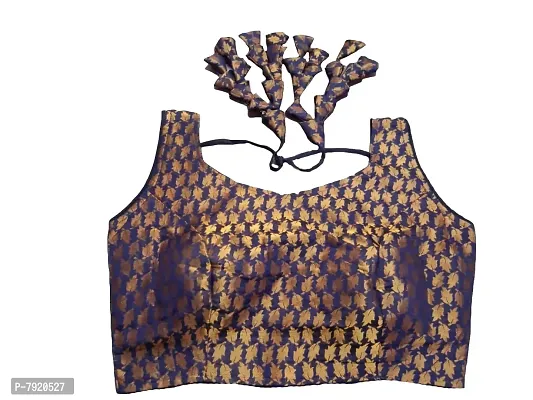 Pujia Mills Women's Jacquard Silk Sleeveless Readymade Blouse (3004_Navy Blue_38)