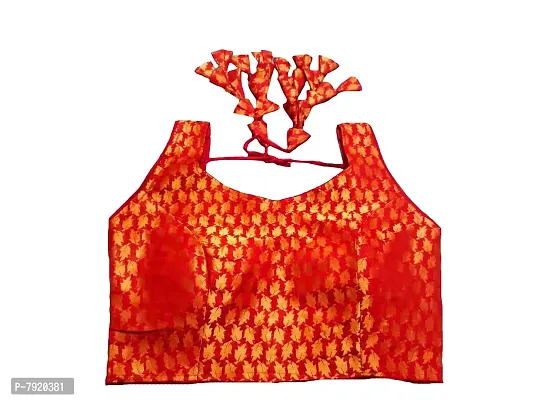 Pujia Mills Women's Jacquard Silk Sleeveless Readymade Blouse (3004_Red_38)-thumb0