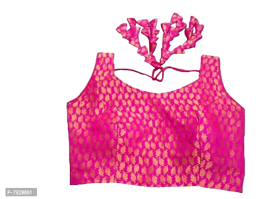 Pujia Mills Women's Jacquard Silk Sleeveless Readymade Blouse (3004_Pink_38)
