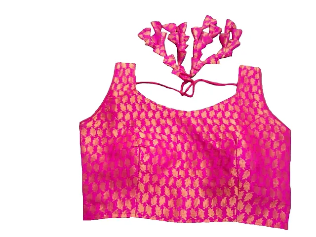 Pujia Mills Women's Jacquard Silk Sleeveless Heavy Tassel Readymade Saree Blouse
