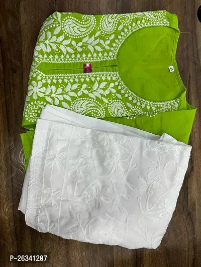 Beautiful Green Cotton Chikankari Kurta Bottom Set For Women