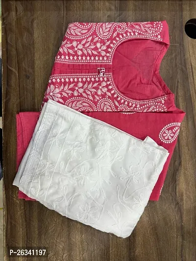 Beautiful Red Cotton Chikankari Kurta Bottom Set For Women