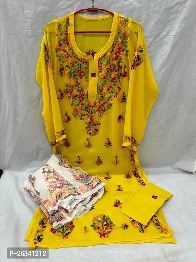 Beautiful Yellow Georgette Chikankari Kurta Bottom Set For Women