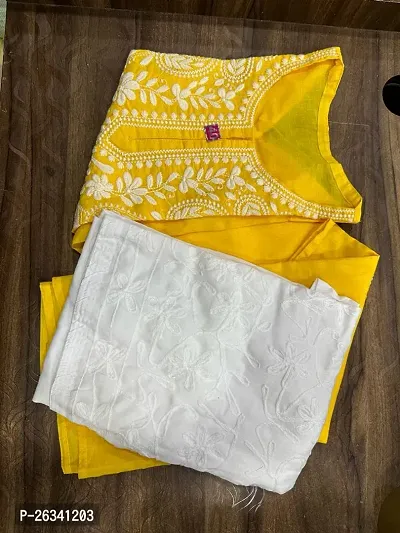Beautiful Yellow Cotton Chikankari Kurta Bottom Set For Women