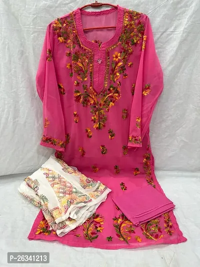 Beautiful Pink Georgette Chikankari Kurta Bottom Set For Women