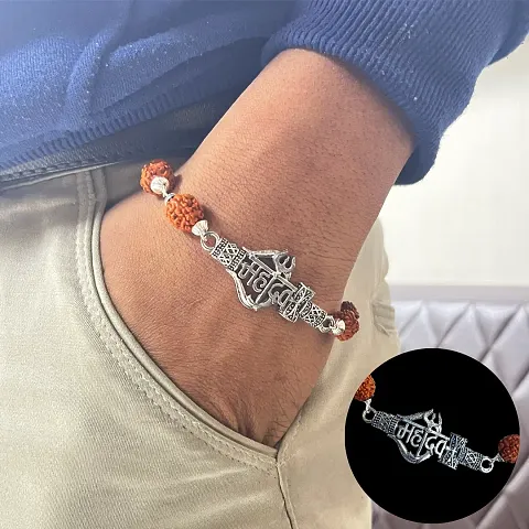 Divya Shri Rudraksha Om Damroo Mahadev Trishul Charm Bracelet | Rudraksha Bracelet For Men Women | Mahakal Bracelet For Men | Shiva Trishul Damroo Charm Bracelet