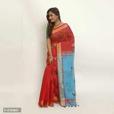 Le-Soft Women Cotton silk Bengal Floral Style Printed handloom saree with zari and cotton designer border (Red  Sky Blue)-thumb3