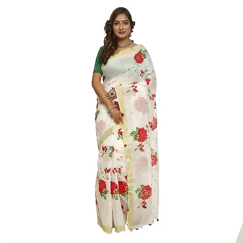 Le-Soft Women Cotton silk Bengal Floral Style Printed handloom saree with zari and cotton designer border