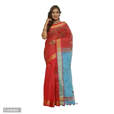 Le-Soft Women Cotton silk Bengal Floral Style Printed handloom saree with zari and cotton designer border (Red  Sky Blue)-thumb0