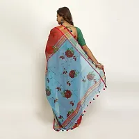 Le-Soft Women Cotton silk Bengal Floral Style Printed handloom saree with zari and cotton designer border (Red  Sky Blue)-thumb1