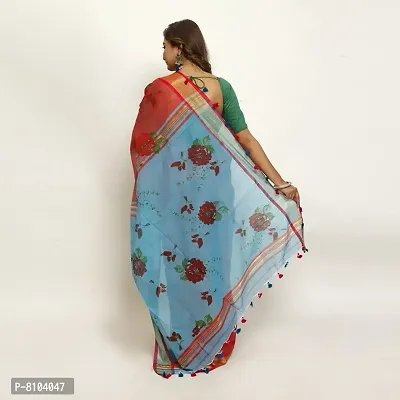 Le-Soft Women Cotton silk Bengal Floral Style Printed handloom saree with zari and cotton designer border (Red  Sky Blue)-thumb2