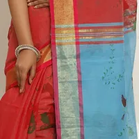 Le-Soft Women Cotton silk Bengal Floral Style Printed handloom saree with zari and cotton designer border (Red  Sky Blue)-thumb3