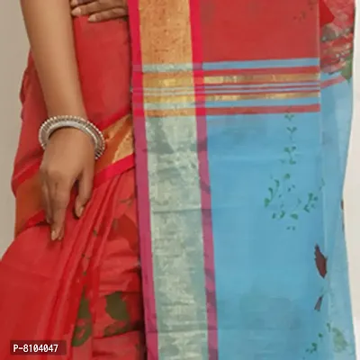 Le-Soft Women Cotton silk Bengal Floral Style Printed handloom saree with zari and cotton designer border (Red  Sky Blue)-thumb4