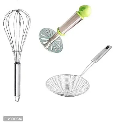 Premium Quality M Tech Best Combo Set Of 3 Pcs Stainless Steel Potato Vegetable Masher - Egg Whisk - Deep Fry Strainer Pack Of 3-thumb0