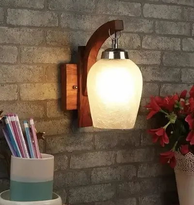 Wooden Wall Light Sconce Lamp with Glass Shade (Bulb Not Included)