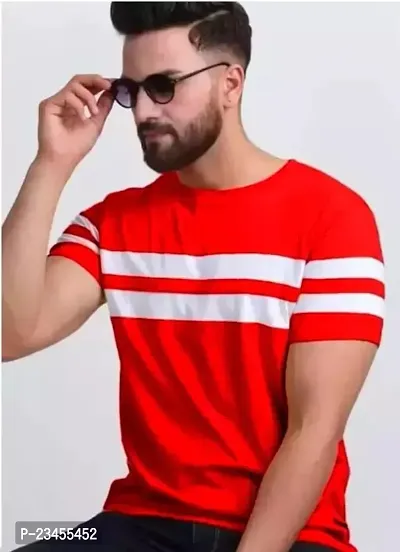 Reliable Red Cotton Blend Striped Round Neck Tees For Men-thumb0