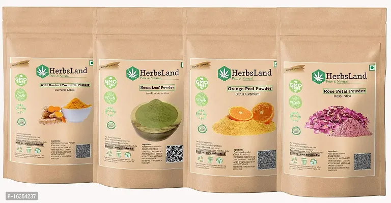 HerbsLand reg; Pure Organic Wild Kasturi Turmeric, Neem Leaf, Orange Peel and Rose Petal Powder for Fairness and Skin Whitening (100gm Each - 400 gm)