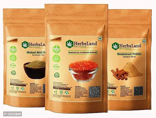 HerbsLandreg; 100% Premium Masoor Dal (Red Lentils-Seed) facepack, Multani Mitti powder and Sandalwood FacePack Powder For Face  Skin Care (100 gm each)-thumb0