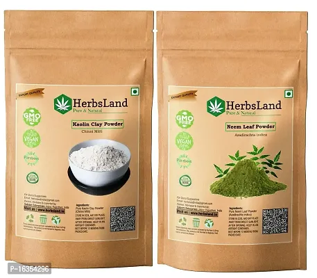 HerbsLand Natural Chinni Mitti (Kaolin Clay) Powder And Neem Leaf (Azardirachta Indica) Powder For Face  Skin Care (100gm Each)