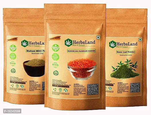 HerbsLand? 100% Pure and Natural Masoor Dal (Red Lentils-Seed) Facewash Powder , Multani Mitti powder And Neem Leaf/Leaves Powder (Azadirachta indica) For Skin, Face Pack | Face Mask for Fairness | Tanning  Glowing Skin | Pimple-free Skin (Each 100 gm)-thumb0