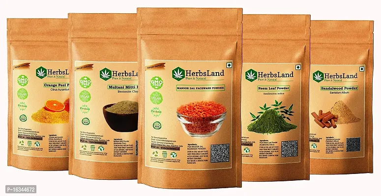 HerbsLand? Natural Sandalwood (Chandan), Neem Leaf, Multani Mitti, Orange Peel Powder and Masoor Dal (Red Lentils-Seed) FacePack Powder For Face  Skin Care (50gm Each)