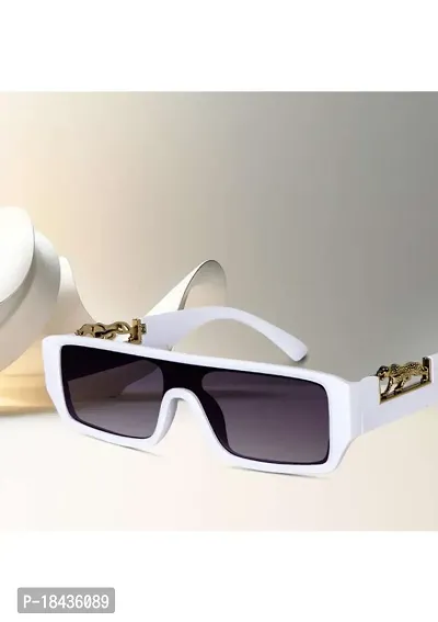 (TIGER) Frame Rectangular UV Protected Unisex Sunglasses(Lens-Black||Frame-White-thumb0