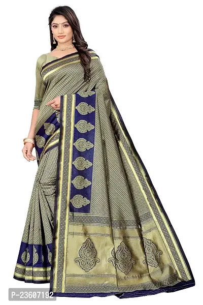 KASHI FASHION HUB BANARASI SILK COTTON SAREE WITH BLOUSE PEICE (BLUE)-thumb0