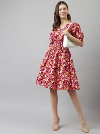 Stylish Red Crepe Floral Printed Fit And Flare Dress For Women-thumb3